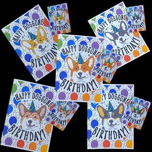 Welsh Corgi Rainbow Birthday Gift Set, Handmade 5x7" Card & 2x3" Magnet